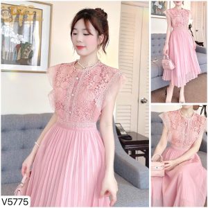 Đầm hồng ren xếp ly (S-XL) - Cái