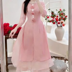 Áo Dài Hồng cổ tròn S-XL
